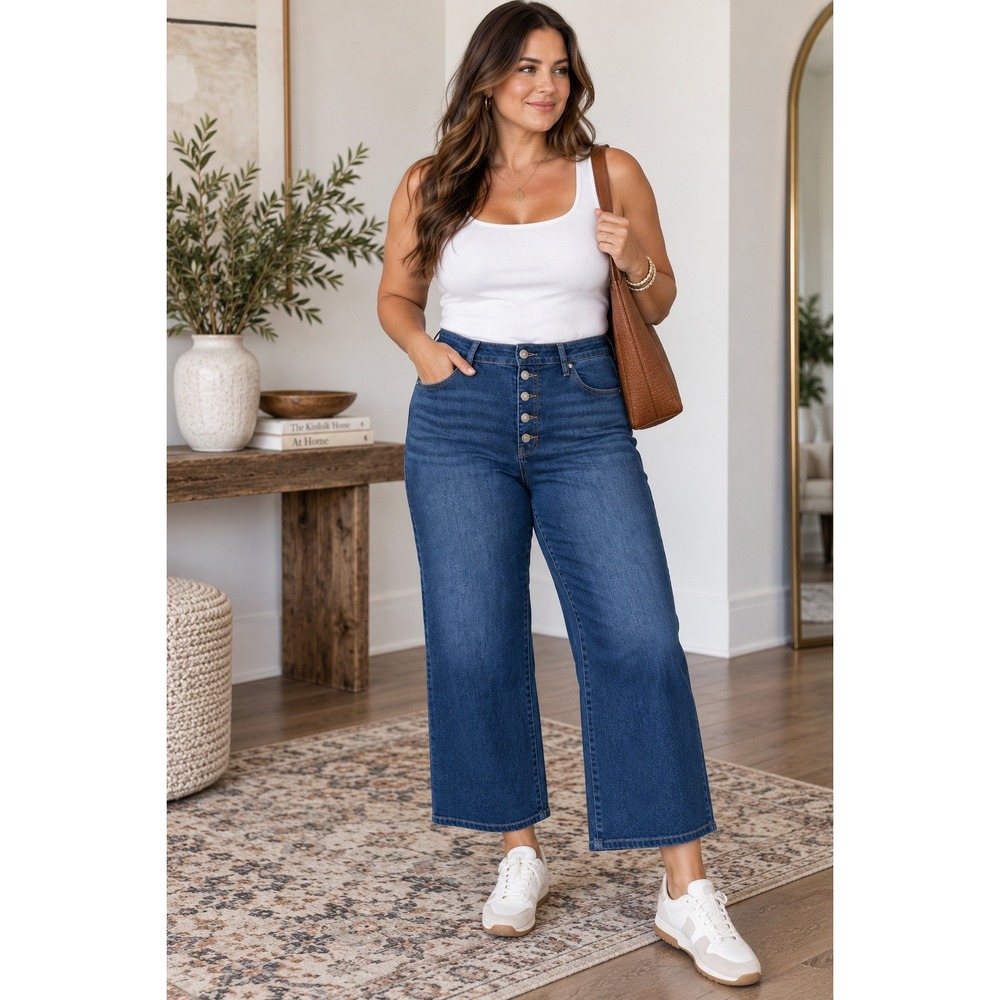 NHigh Rise Wide Leg Cropped Jeans Button Fly Nine West Denim Size 14